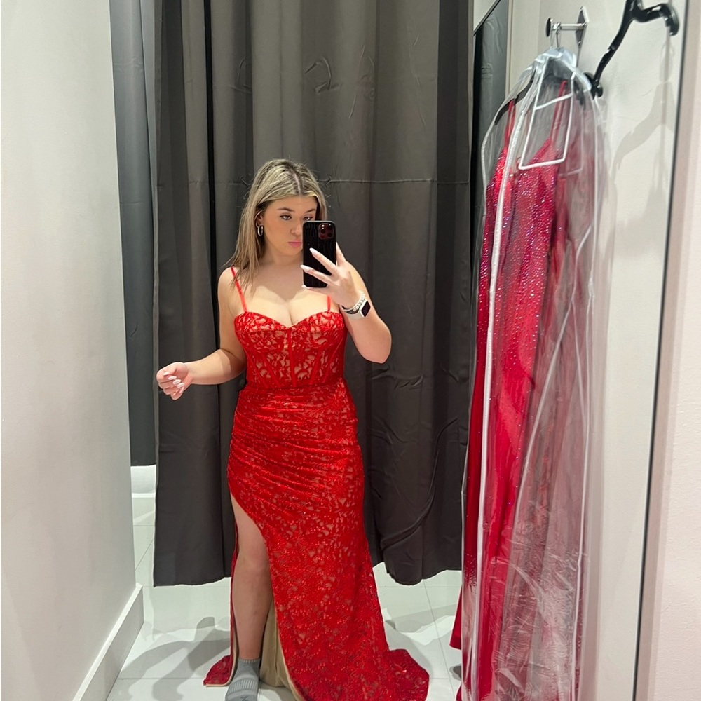 Elegant Red Lace Evening Gown with High Slit